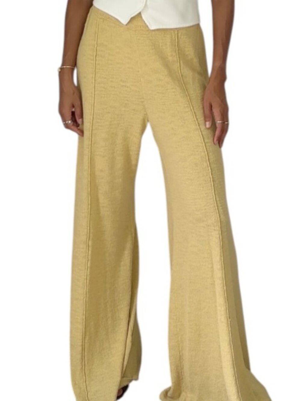 free-est Pale Gold Beige Wide Leg Knit Pants Cotton Blend Size S Petite